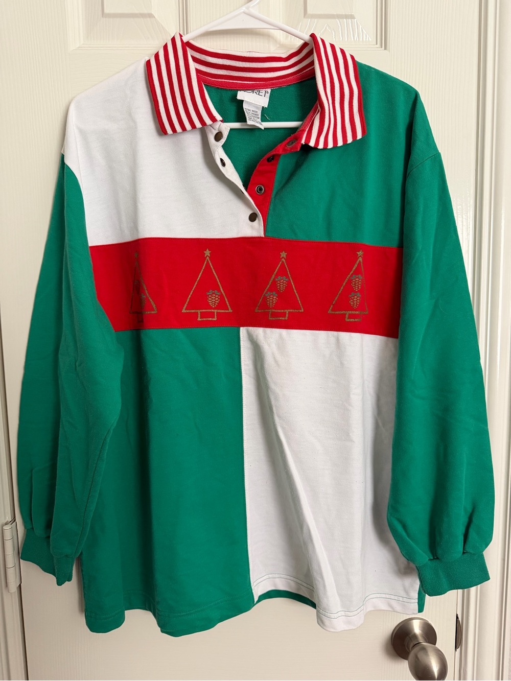 Vintage Koret XL Christmas Colorblock Polo Shirt Embroidered Trees 90s Holiday